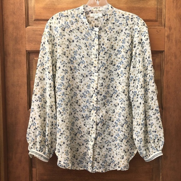 Max studio, women’s, ivory floral print top w/ spiral ruffle trim at sleeves / S - Picture 3 of 15